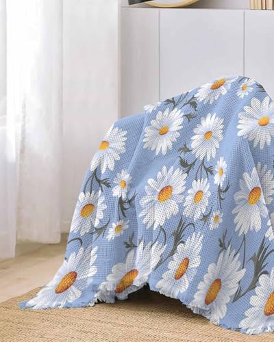 Couch Covers for Armchair, Blue Daisy Reversible Non Slip Sofa Towel with Tassel, Spring Floral Summer Botanical Watercolor Washable Furniture Protector Slipcover for Living Room/Bed Room, S-71