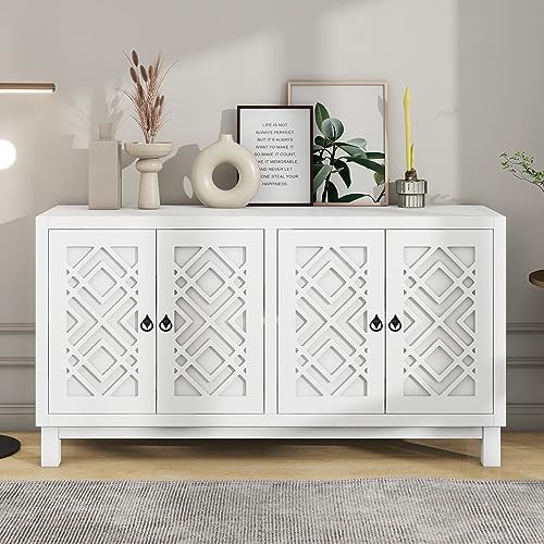 P PURLOVE Sideboard Storage Cabinet, 4 Door Buffet Cabinet with Pull Ring Handles, Large Storage Space Sideboard with Adjustable Shelves for Living Room, Dining Room (Black)