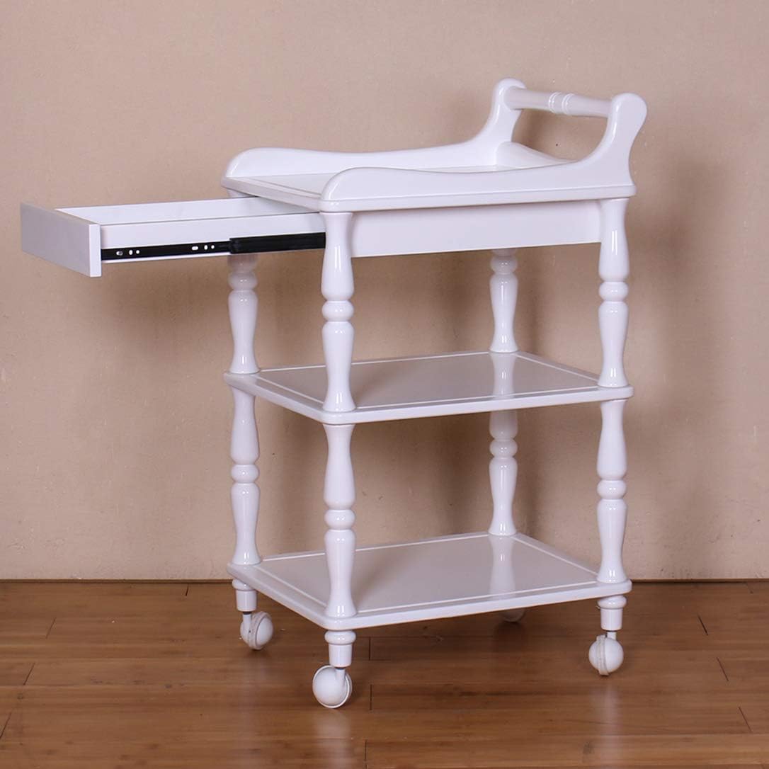 Serving Trolley,3-Tier Shelf Utility,Wood Storage Kitchen Cart Serving Bar Cart Utility Trolley Rack, Home Commercial (White with Drawer)