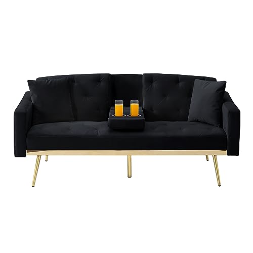 Tufted Upholstered Futon Sofa Convertible Sleeper Couch Bed Daybed Loveseat,Folding Recliner with 2 Cup Holders,Removable Soft Pillow-Top Armrest,3 Angles for Living Room Small Place