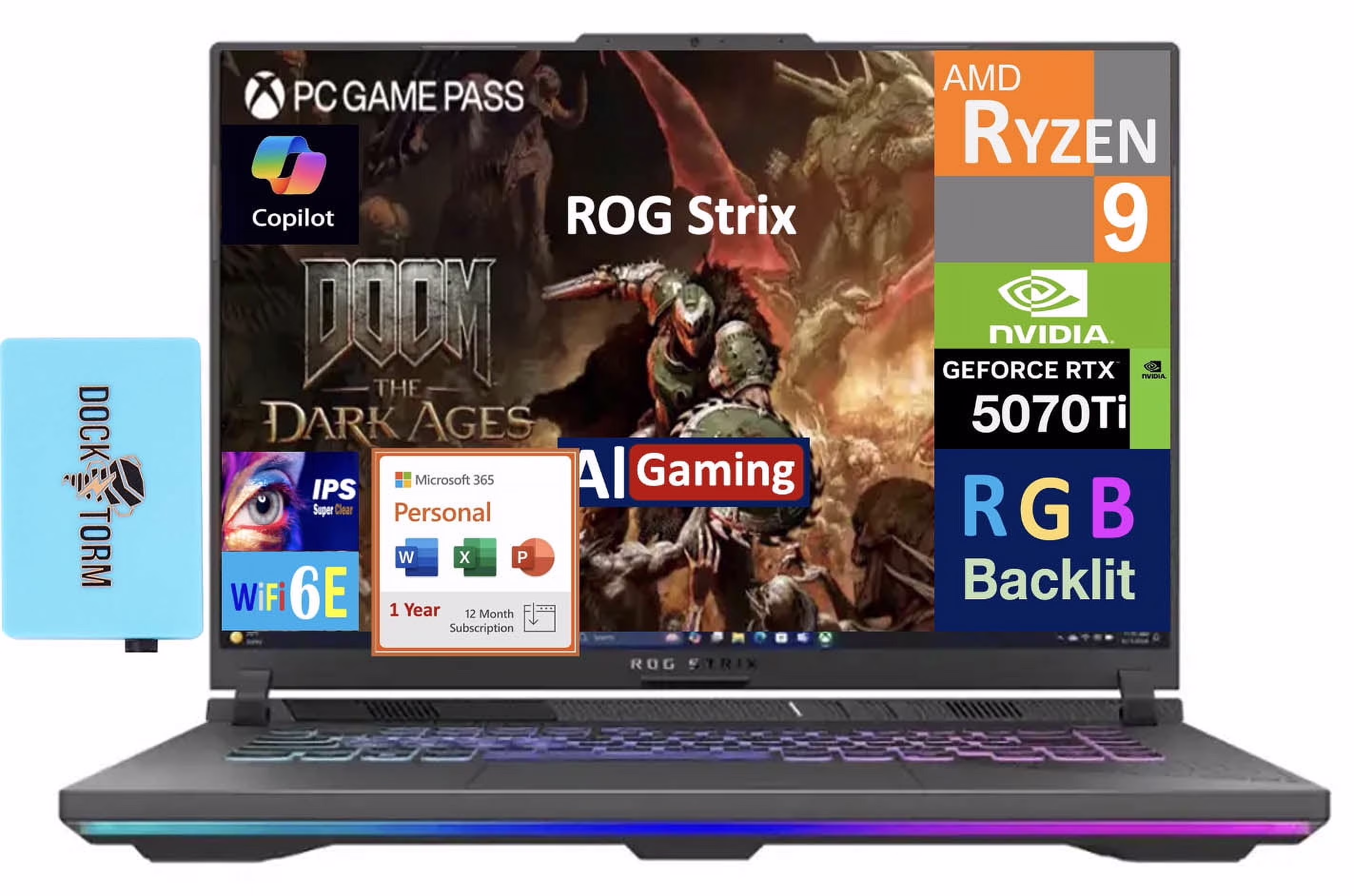 ASUS ROG Strix AI Gaming Laptop 16.0in 165Hz IPS WUXGA Display (AMD Ryzen 9 8940HX, NVIDIA GeForce RTX 5070 Ti 12GB, 32GB DDR5, Win 11 Home) w/Microsoft 365 Personal , DKZ USB Port Expander