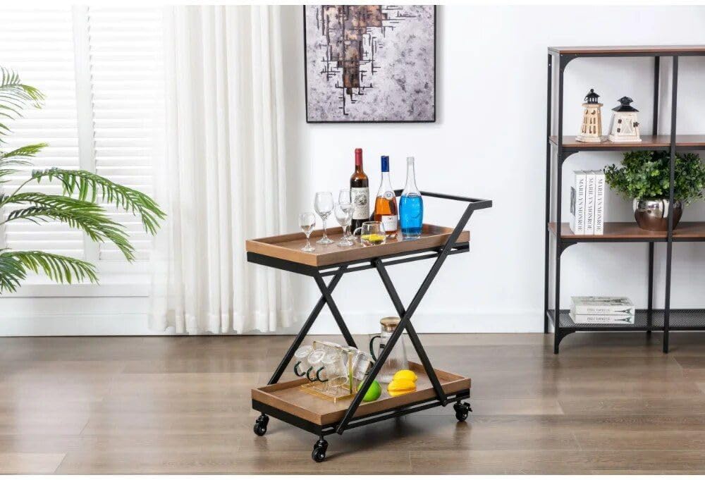 Wood and Black Metal Folding Kitchen Island & Entertainment Cart