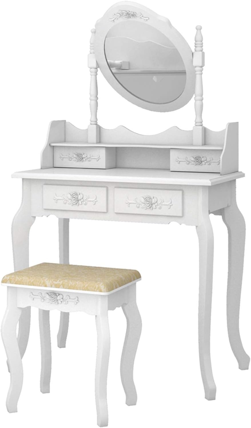 Vanity Table Set with Oval Mirror & Stool, 4 Drawers Makeup Table 360-Degree Rotation Removable Mirror for Bedroom Wooden Dressing Table White