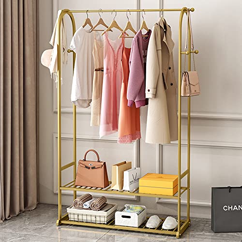 MAIKAILUN Clothes Rack Gold, Freestanding Coat Rack Modern Rolling Garment Rack with Wheels and Bottom Shelves, Industrial Heavy Duty Pipe Clothing Rack Wardrobe Closet for Boutique Display (39
