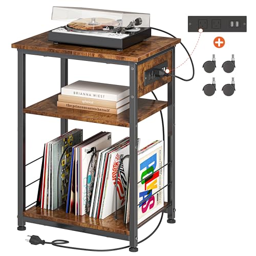 JOISCOPE Side/End Table with Charging Station (2 AC, 2 USB), 3 Tier Record Player Stand for Up to 150 Albums Storage, Portable Bedside Nightstand on 4 Wheels for Small Space Bedroom Living Room, Black