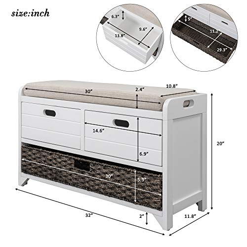 Storage Bench, Entryway Bench with Removable Basket and 2 Drawers, Shoe Bench with Removable Seat Cushion for Hallway, Entryway, Living Room, Fully Assembled (Espresso)