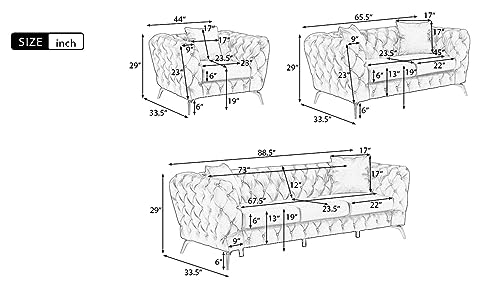 Modern 3-Piece Sofa Sets with Sturdy Metal Legs, Button Tufted Back, PU Upholstered Couches Sets Including Three Seat Sofa, Loveseat and Single Chair for Living Room Furniture Set, Black Sofas & Couch