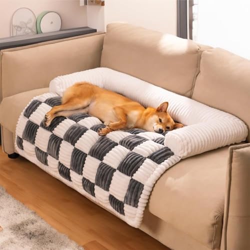 Pet Couch Covers for Sofa, Dog Couch Cover Fuzzy Sofa Cover Cream Square Plaid Cozy Dog Mat Furniture Protector Cover(Brown,X-Large)