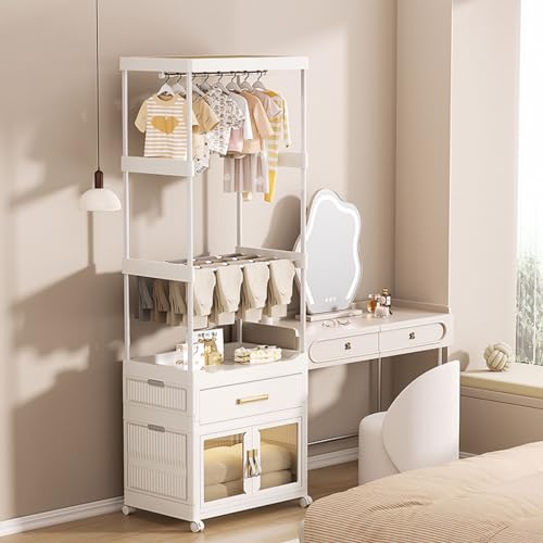 Garment Rack Cothing Rack with Drawers Clothes Organizer Stand on Wheels, 3-in-1 Rolling Clothes Storage Cart, Coat Rack,Clothing Wardrobe Storage Shelving with Shelves Hooks and Hanging Rod Foldable