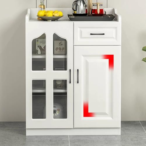 Kitchen Storage Pantry Cabinet, Sideboard with 2 Glass Doors, Drawers & Adjustable Shelves, Wooden Buffet Cupboard for Dining Room and Living Room, White (Color : White, Size : 120x40x90cm)