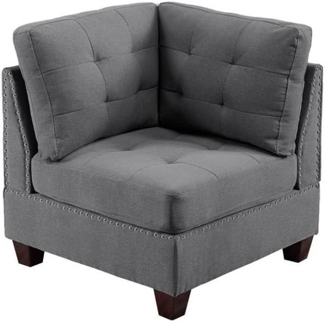 Living Room Furniture Tufted Corner Wedge Grey Linen Like Fabric 1pc Cushion Nail Heads Wedge Sofa Wooden Legs
