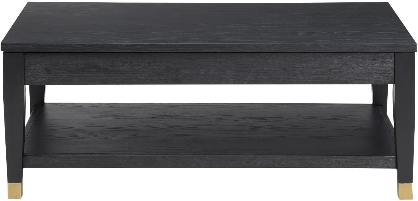 Steve Silver Co Yves Modern Lift-Top Cocktail Feet, Storage & Ash Veneers-Black Table, 48 x 28 x 19.5, Rubbed Charcoal with Brushed Brass Accents