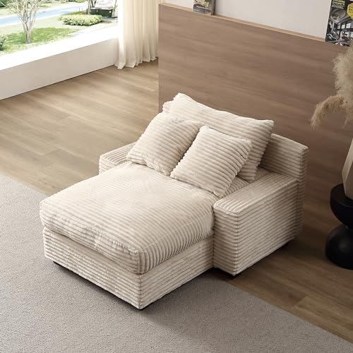 Corduroy Upholstered Chaise Lounge Sofa with Thicked Cushions, Oversized Chair Singel Lazy Sofá Convertible Daybed Recliner Sleeper Couch Bed for Relaxing in Living Room Bedroom, Beige 48.8