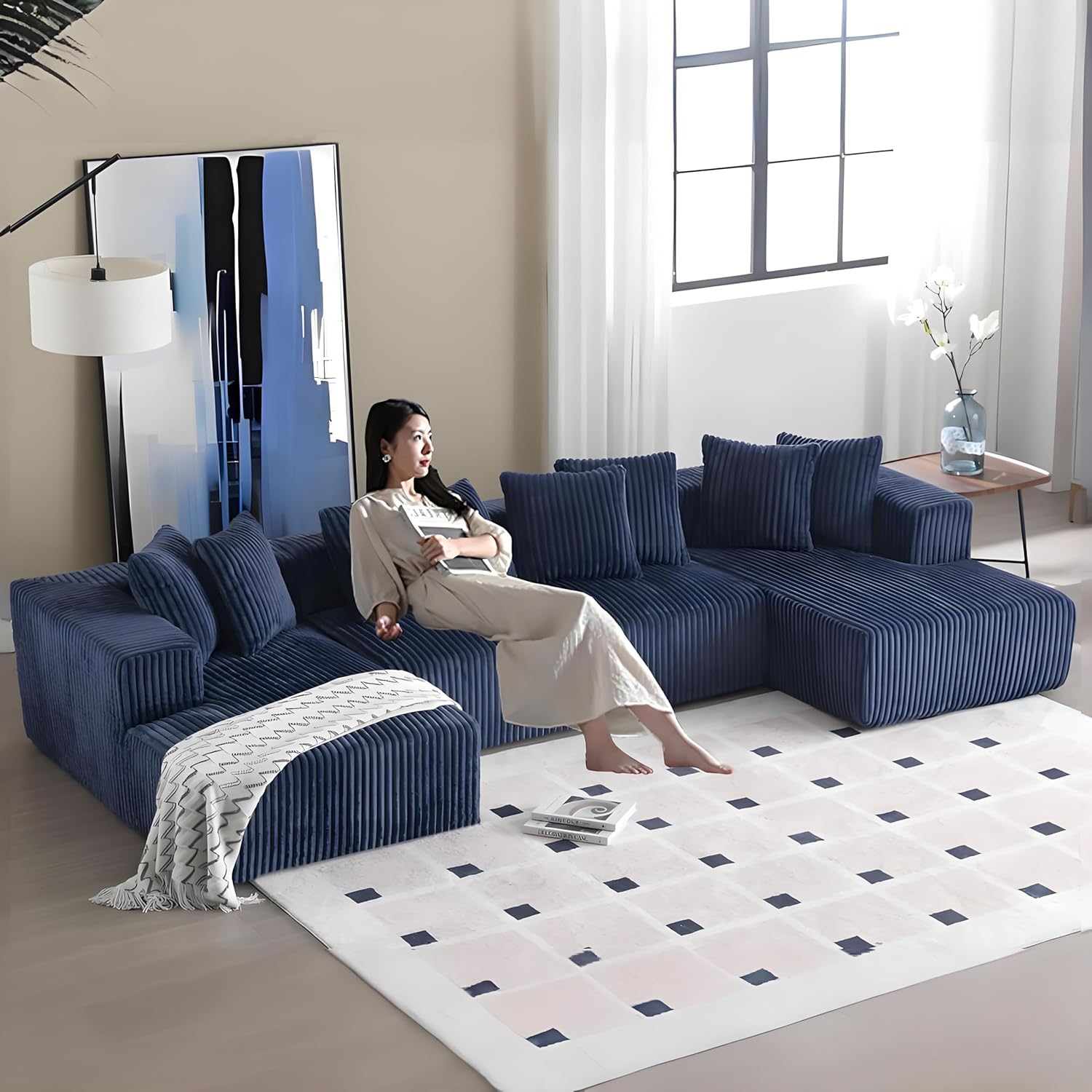 130'' Modular Sectional Sofa, Double Chaise Lounge, U Shape Sectiona Couches, Modern Minimalist Cloud Sofa, 8 Pillows, Corduroy Block 4 Seater Couch for Living Room, Apartment, Hotel, Blue