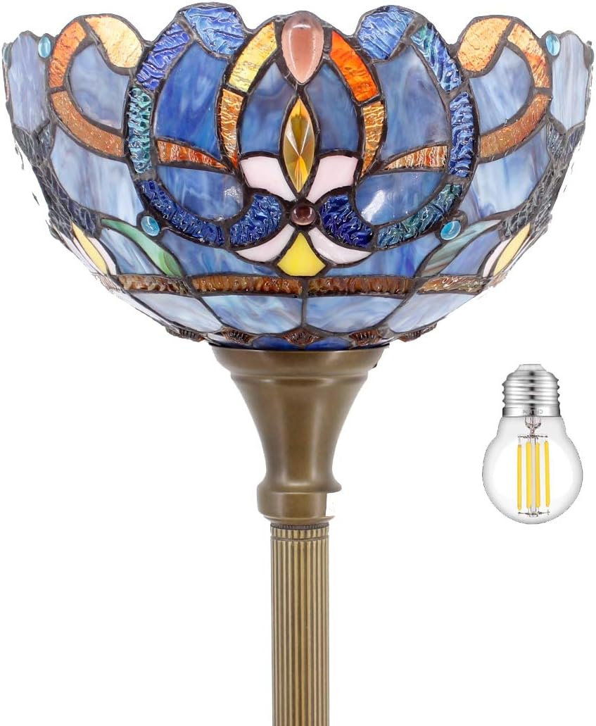 WERFACTORY Tiffany Floor Lamp Blue Purple Cloud Stained Glass Light 12X12X66 Inches Pole Torchiere Standing Corner Torch Uplight Decor Bedroom Living Room Home Office S558 Series
