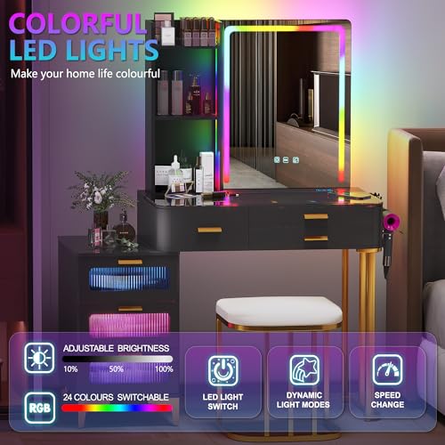 RGB Makeup Vanity Table with Wireless Charging Station,LED Vanity Make up with USB Ports,7 Dynamic and 7 Static Dimmable Vanity Table Set with 5 Drawers and Cosmetics Storage Box