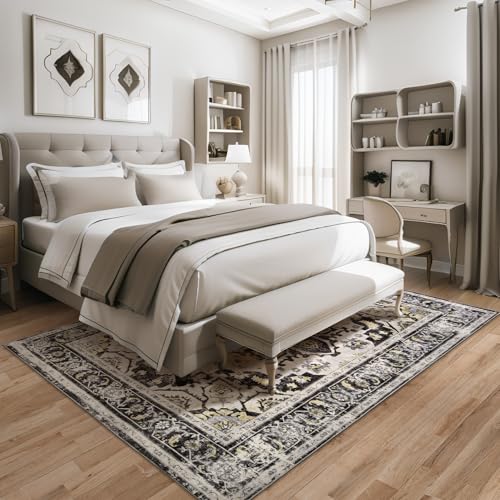 Area Rug Washable Living Room - 9x12 Vintage Traditional Boho Carpet for Bedroom Dining Room Machine Wash Non Slip Soft Large Rug Bohemian for Farmhouse Office College Dorm Indoor Floor Brown