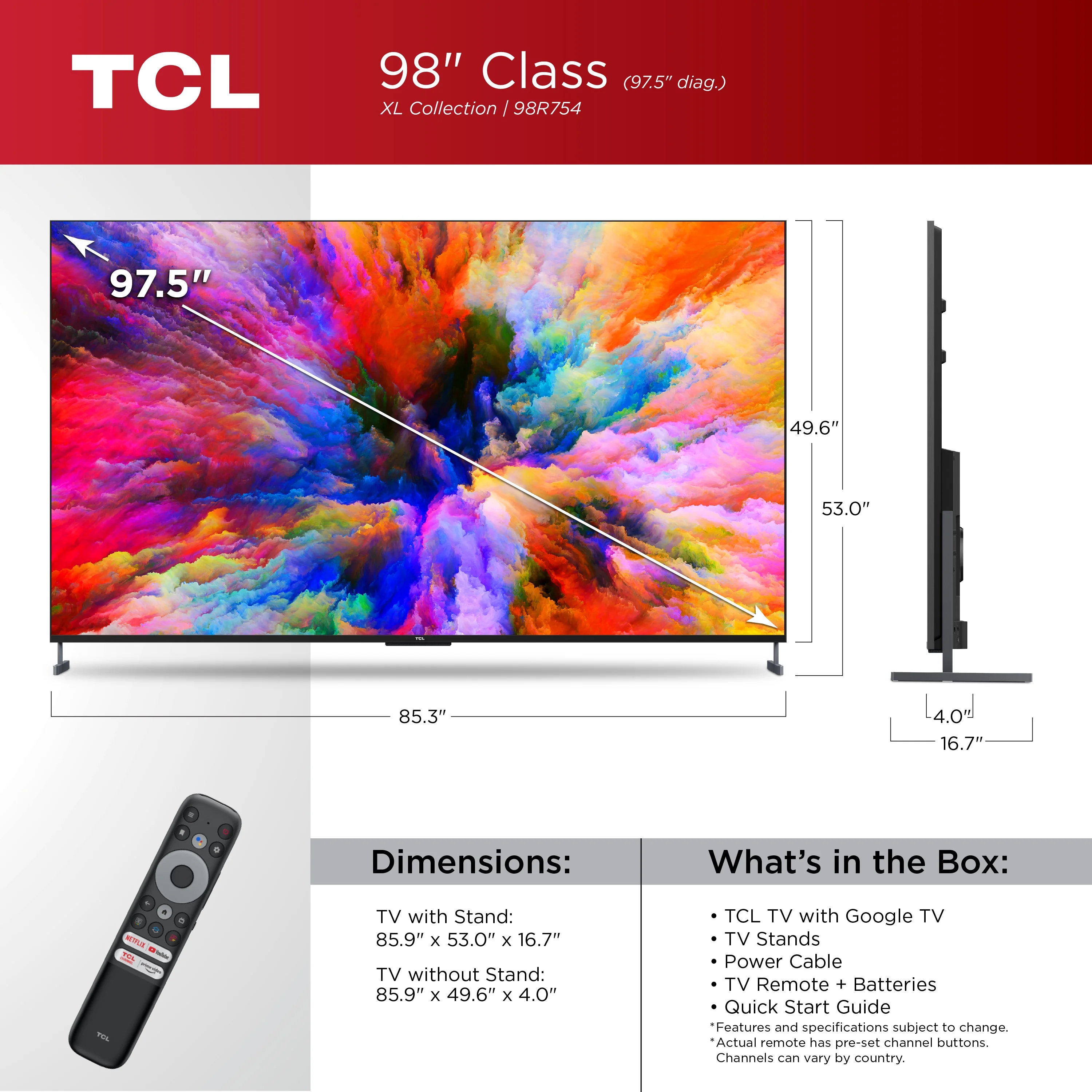 "TCL 98"" XL Collection 4K UHD QLED Dolby Vision HDR 98R754 Smart Google TV"