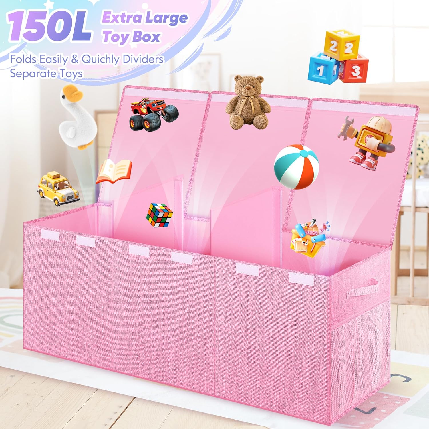 Pink Extra Large Toy Box & Purple Large Toy Chest, Collapsible Sturdy Toy storage bins Baskets Toy Box for Living Room Area for Nursery, Playroom