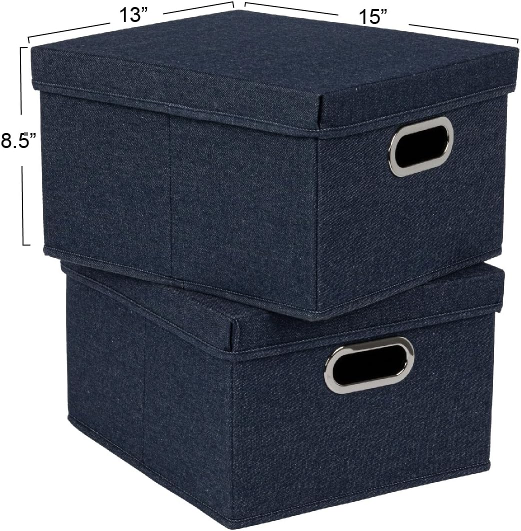 Household Essentials, Denim Household Essetials Collapsible Cotton Blend Storage Box with Lid and Metal Grommet Handle, Set of 2