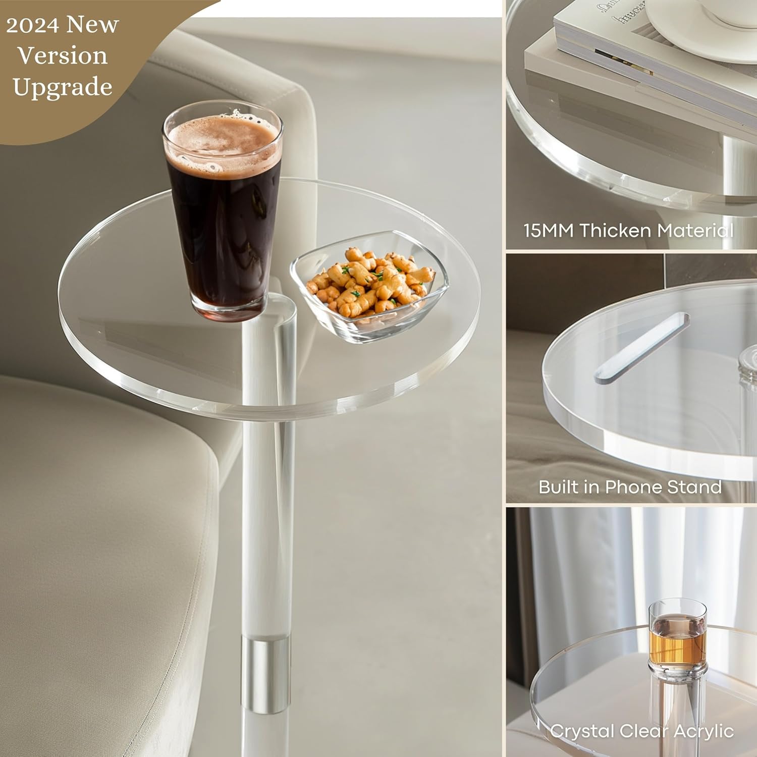 Acrylic Drink Table – Small Pedestal Side Table with Phone Holder, Round End Table 2024 Upgraded for Small Spaces, Modern Martini & Cocktail Table for Living Room, Sturdy & Easy Assembly, Clear