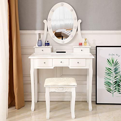 Makeup Vanity Table Set with Removable Tri-Folding Mirror, Modern Wooden Dressing Table Writing Table with 7 Drawers and Cushioned Stool for Girl Women Bedroom