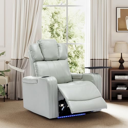 PU Power Recliner Chair with Cooling Cup Holder Bluetooth Speaker LED Lights USB Ports Tray Table and Arm Storage for Living Room Zero Gravity Chairs (Grey)