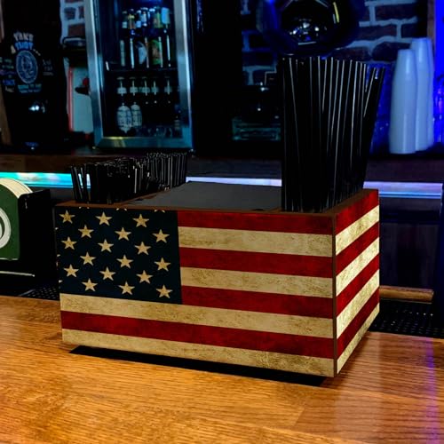 Barconic Wooden Utensil Holder Napkin Bar Caddy – 4.5 x 9 x 6.5 Inch Luxury Baltic Birch Caddy Organizer for Home Bar, Locals - Utensil Holder – Durable and Versatile (American Flag)