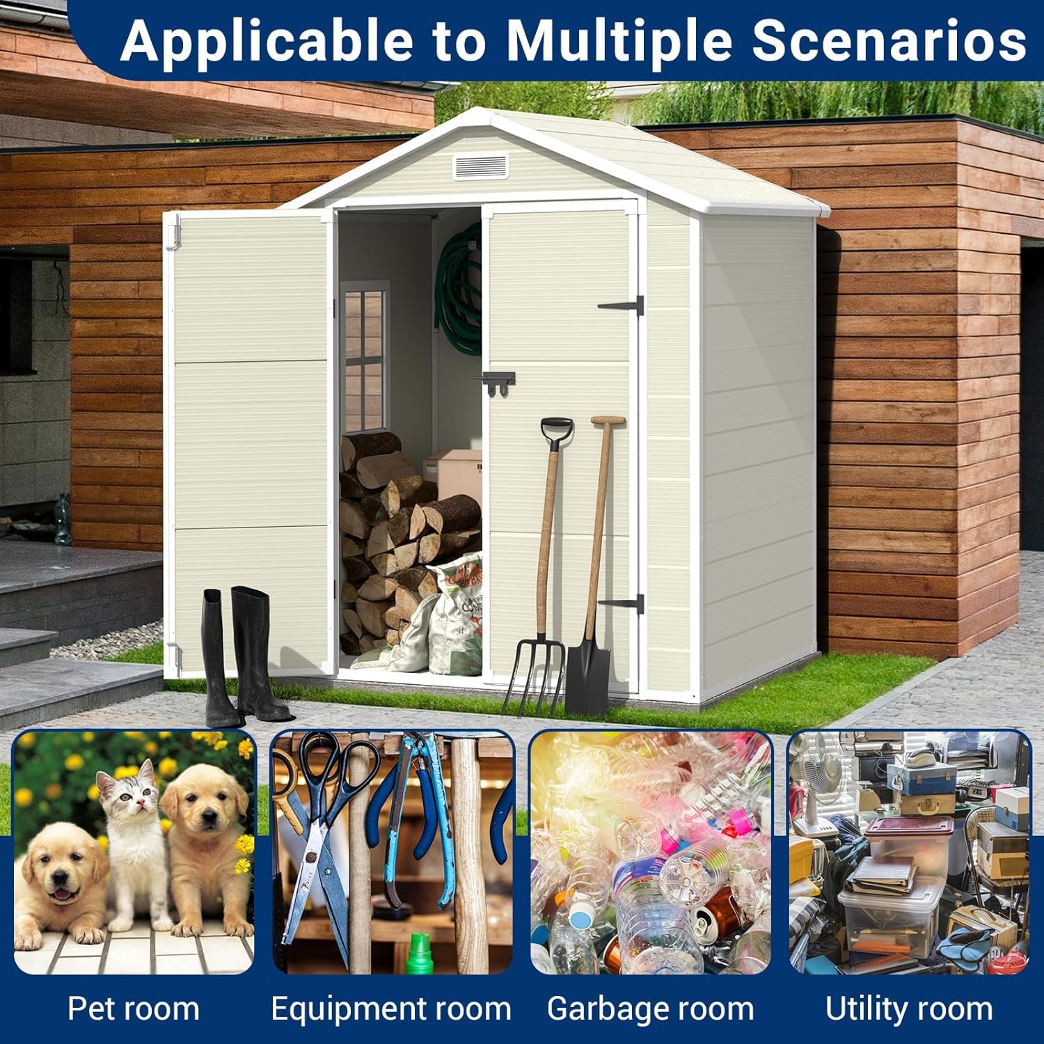 Outdoor Storage Shed, 6x4.5 FT Resin Shed with Floor and Lockable Door, Window & Vents, Waterproof Tool Sheds & Outdoor Storage for Bike, Garbage Cans,Garden Accessories, Sandstone
