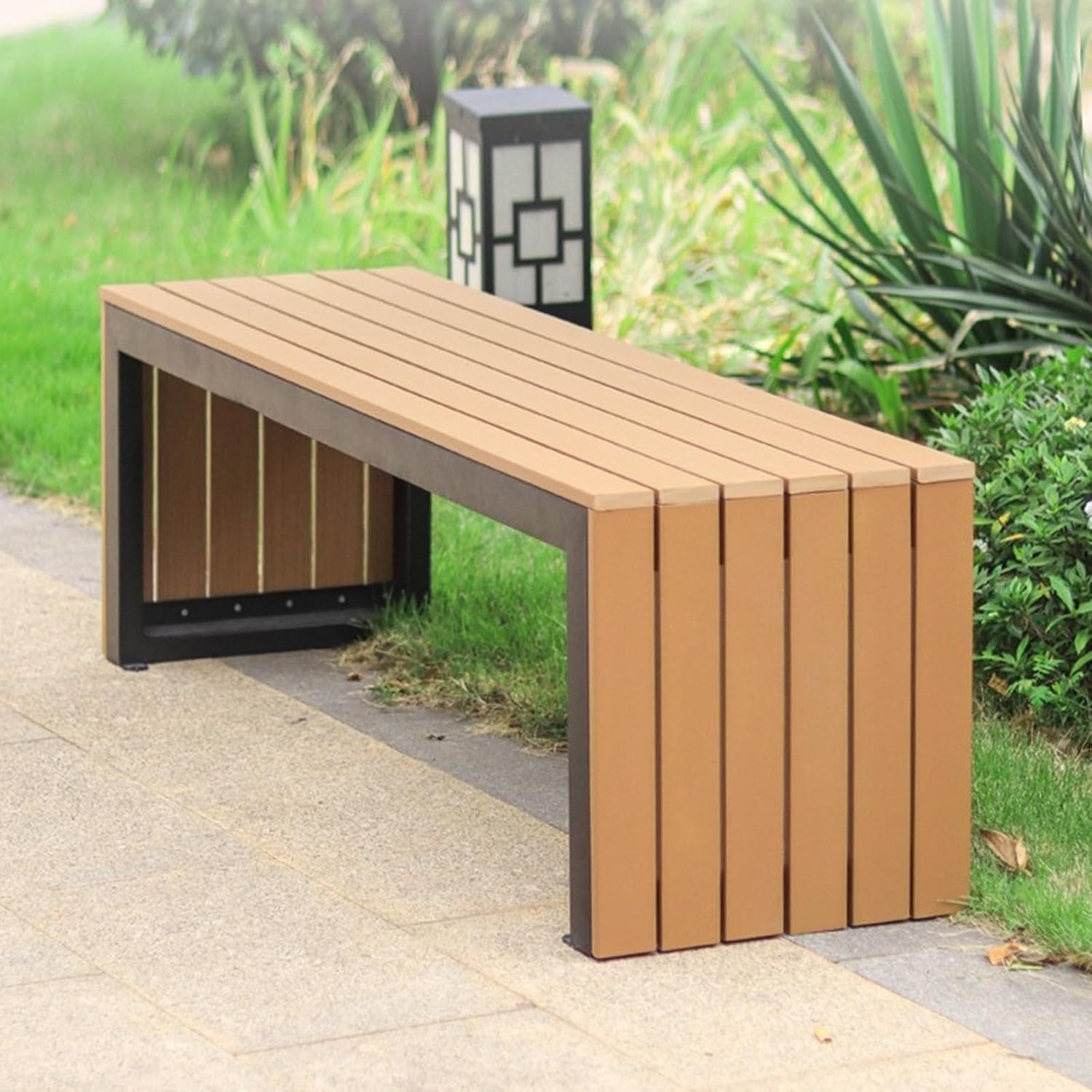 Outdoor Bench Weatherproof Patio Backless Garden Bench with Wood Seat and Steel Frame for Garden Patio Porch