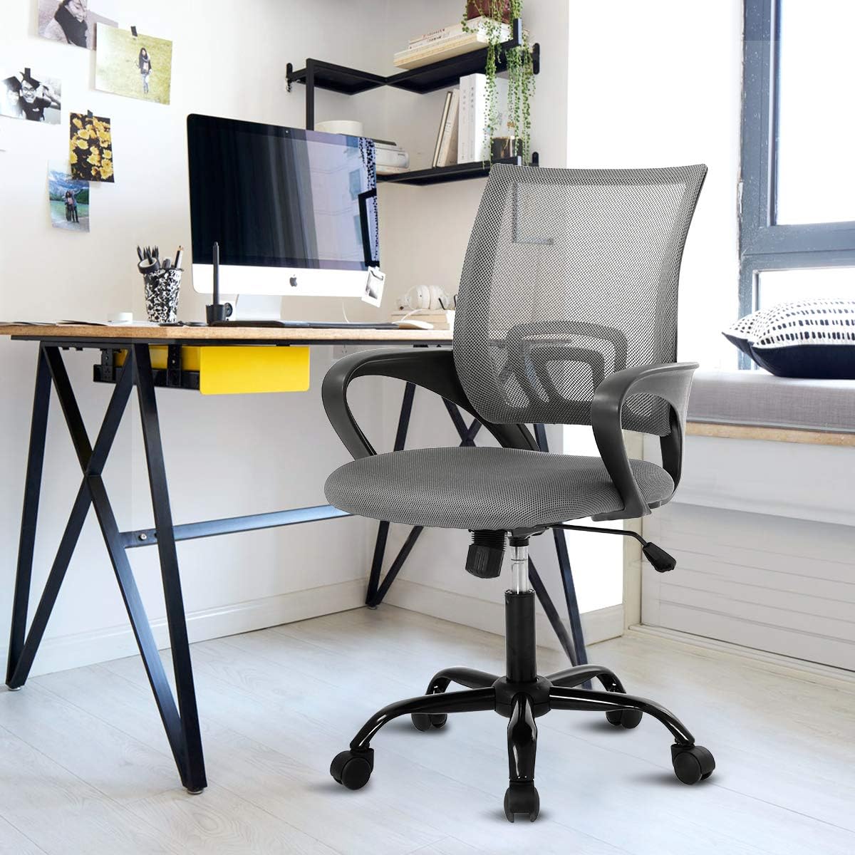 Office Chair Ergonomic Computer Desk Chair Mesh Home Office Chairs with Thick Seat and Comfortable Armrest, Swivel Chair for Adult, Adjustable Backrest and Height (Grey)