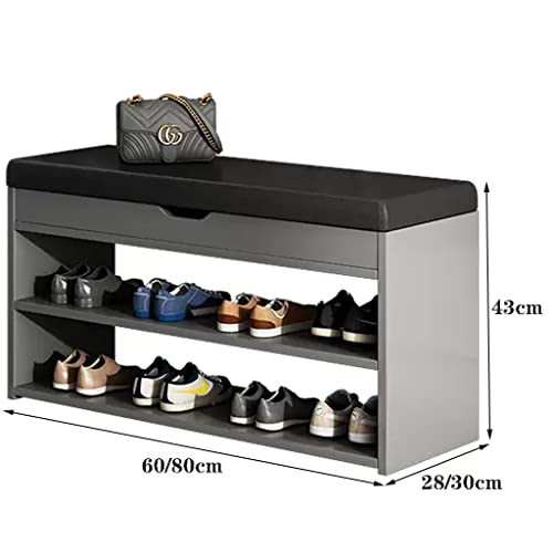 Black Faux Leather Entryway Shoe Organizer Bench | 2 Shelves Storage | Flip-Open Storage Box | Ideal for Hallway, Doorway, Mudroom