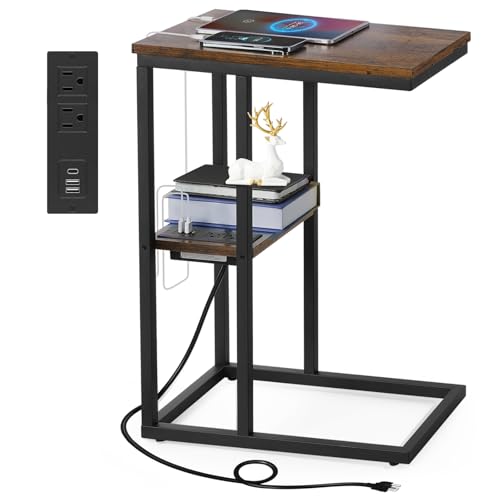Vagusicc C Shaped End Table with Charging Station, Small Side Table for Couch, Snack Side Table with USB Ports and Outlets for Small Spaces, Slide Under Sofa Table TV Tray Arm C Table for Living Room