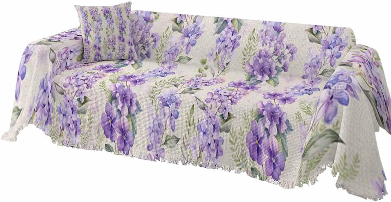 Floral Purple Cover Couch Covers for 3 Cushion Couch Throw Couch Cover with Tassel Soft Slipcover Watercolor Flowers Texture Leaves Plants on Burlap Couch Furniture Protector for Dog Pet 71