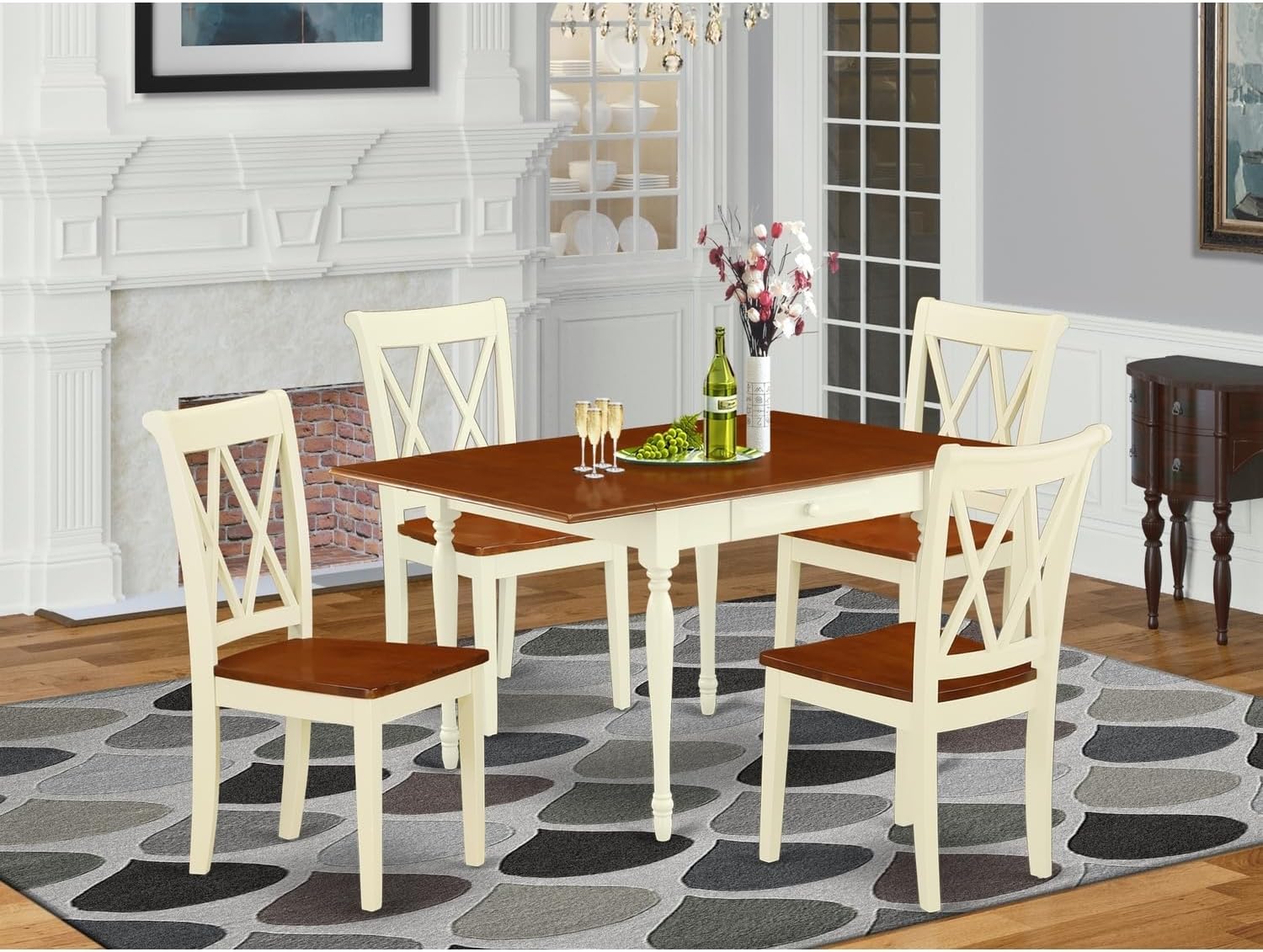 Rustic Retreat 5Pc Dining Set Includes A Dinette Table and 4 Dining Chairs with Wooden Seat, Drop Leaf Table with Double X Back Chairs, Buttermilk and Cherry Finish