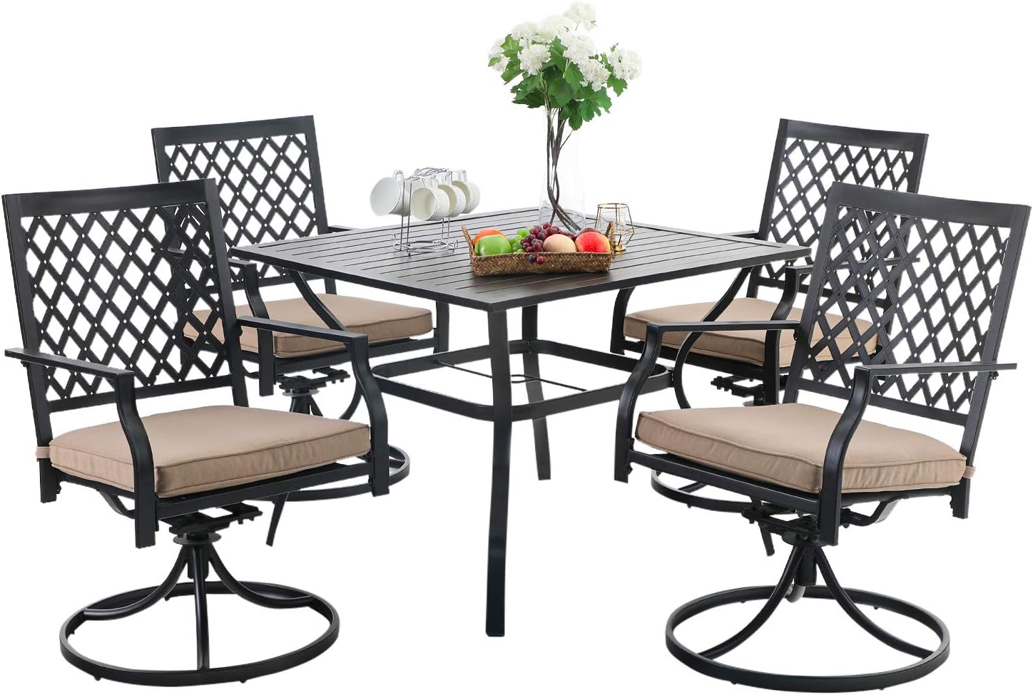 PHI VILLA 5-Piece Outdoor Dining Set, 4 Steel Metal Swivel Patio Chairs & 1 Square Dining Table, Black