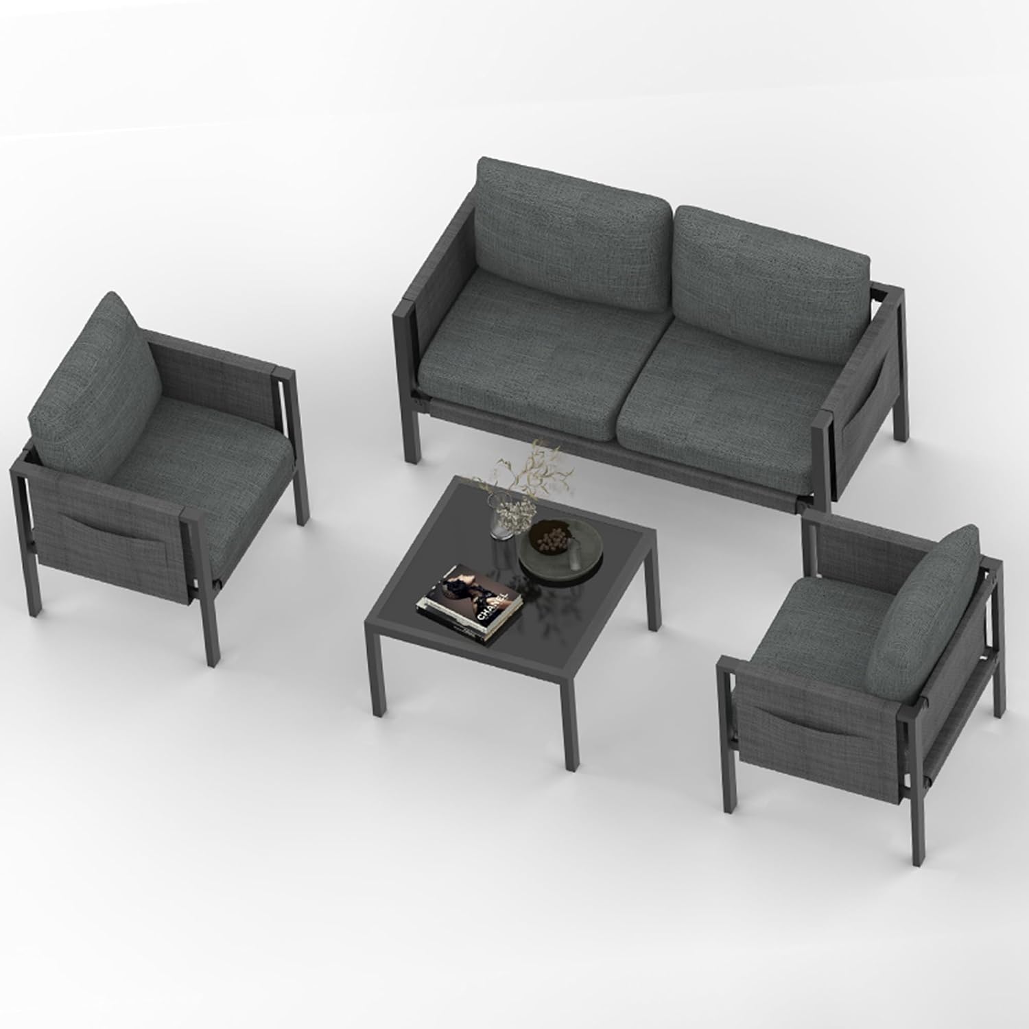 4 Pieces Patio Furniture Set, Patio Conversation Set, Outdoor Conversation Sets with Coffe Table for Patio, Outdoor Aluminum Furniture Set for Outside Poolside, Lawn, Backyard, Grey