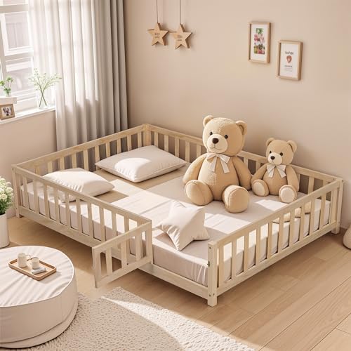 Full Size Wooden Floor Platform Bed for Toddlers, with Fence, Door and Support Slats, Montessori Floor Bed Frame, for Kids, Teens, Adults, Easy Assembly