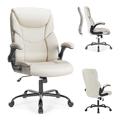 Home Office Chair Ergonomic Desk Chair PU Leather Task Chair Executive Rolling Swivel Mid Back Computer Chair with Lumbar Support Armrest Adjustable Chair for Men (White)