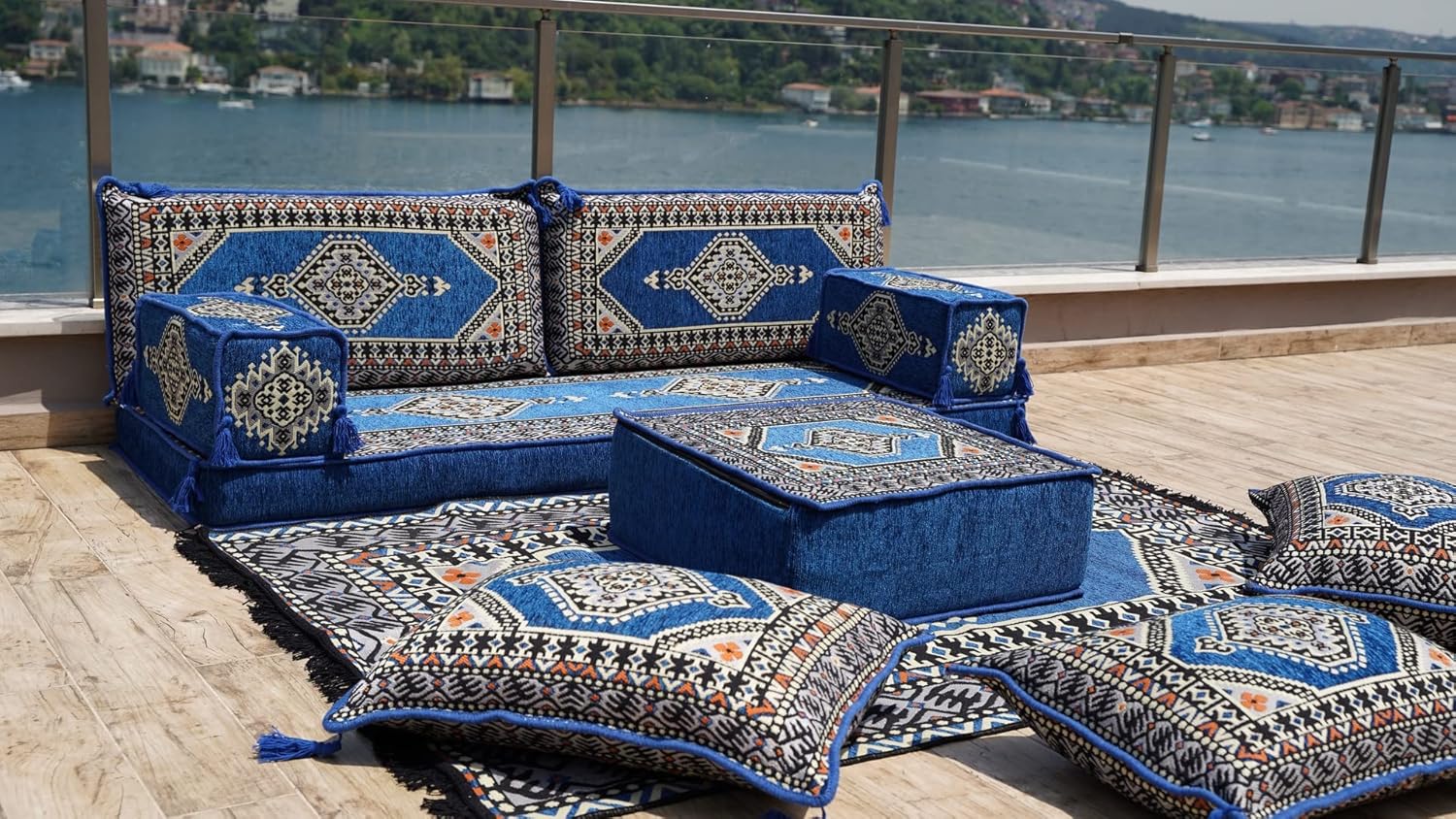 Arabic Floor Sofas, Moroccan Rug, Arabic Jalsa, Sectional Sofa, Oriental Sofa, Moroccan Floor Cushions, Ottoman Couch (4'' Thickness Sofa, Sofa Full Set, Royal Blue)