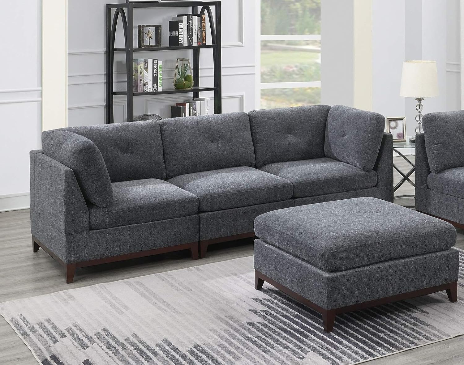 CHARMMA Ash Grey Chenille Fabric Modular Sofa Set 6pc Set Couch Sofa Loveseat 4X Corner Wedge 1x Armless Chair and 1x Ottoman Tufted Back Exposed Wooden Base,720