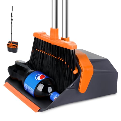 Brooms and Dustpans 3-Pack, Commercial Broom with Dustpan Combo Set, Large Brooms with 51'' Long Handle, Self-Cleaning Dust Pan Teeth for Home Hall Lobby Office Garage - Black