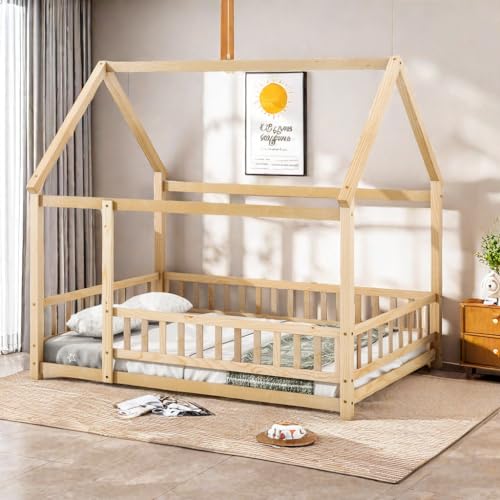 Full Size Montessori Floor Bed, Toddler Floor Wooden Bed with House Roof Frame, Fence Guardrails, Montessori Bed for Kids,Natural