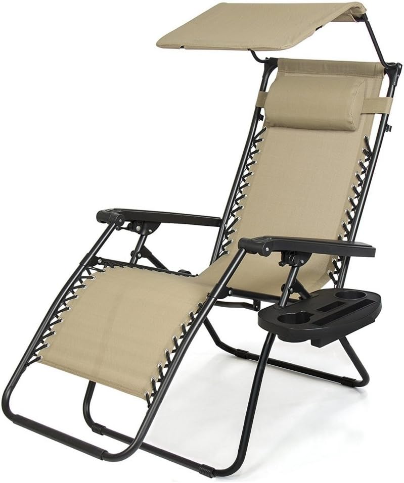 Zero Gravity Chair Outdoor Patio Porch Recliner Seats Comfortable Adjustable Padded Headrests Durable Textilene Fabric Backrest w/Sunshade Canopy & Cup Holder Tray - Beige #1939