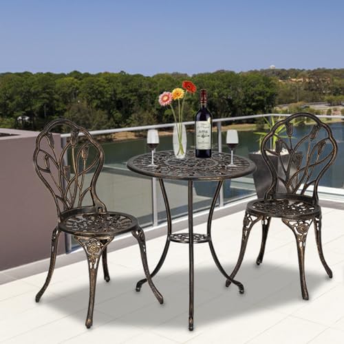 European Style Cast Aluminum Outdoor 3 Piece Tulip Bistro Set of Table and Chairs Bronze Household