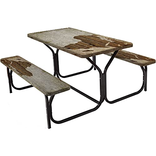 Rustic Picnic Fitted Tablecloth and Bench Seats Table Cover, Traditional Wooden Timber Door with Vertical and Planks Farmhouse Antique Photograph, for outdoor picnic parties, 28 x 72 Inch Pale Brown