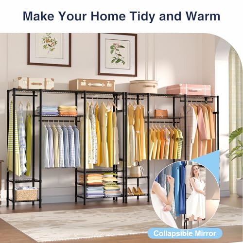Portable Closet Wardrobe with Foldable Mirror,Heavy Duty Clothes Rack,L Shaped Wire Garment Rack,Freestanding Clothing Rack with 9 Shelves, Adjustable 78