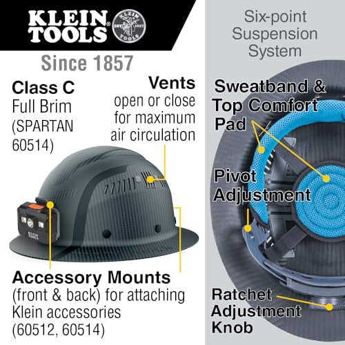 Klein Tools 60514 Hard Hat, K12 Series Carbon Fiber Full Brim, Rechargeable Headlamp, Vented, Class C, Type 1, Spartan