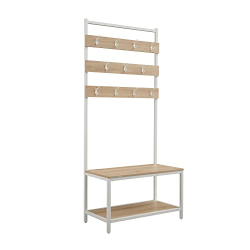 Linon Wooden Topped Bench and Shelf with Multiple Hanging Hooks Shaymus Metal Hall Tree, Grey & Grey-Washed