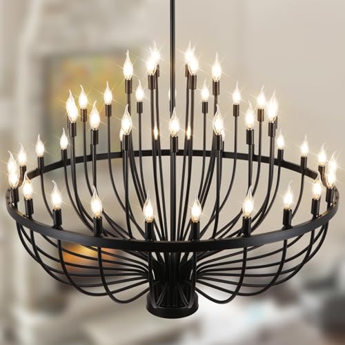 Black Chandelier 48 Light, Modern Farmhouse Chandelier for Dining Room, Round Industrial Candle Chandeliers Light, Wagon Wheel Chandelier 3-Tier 47.2 in for Hallway, Living Room, Foyer